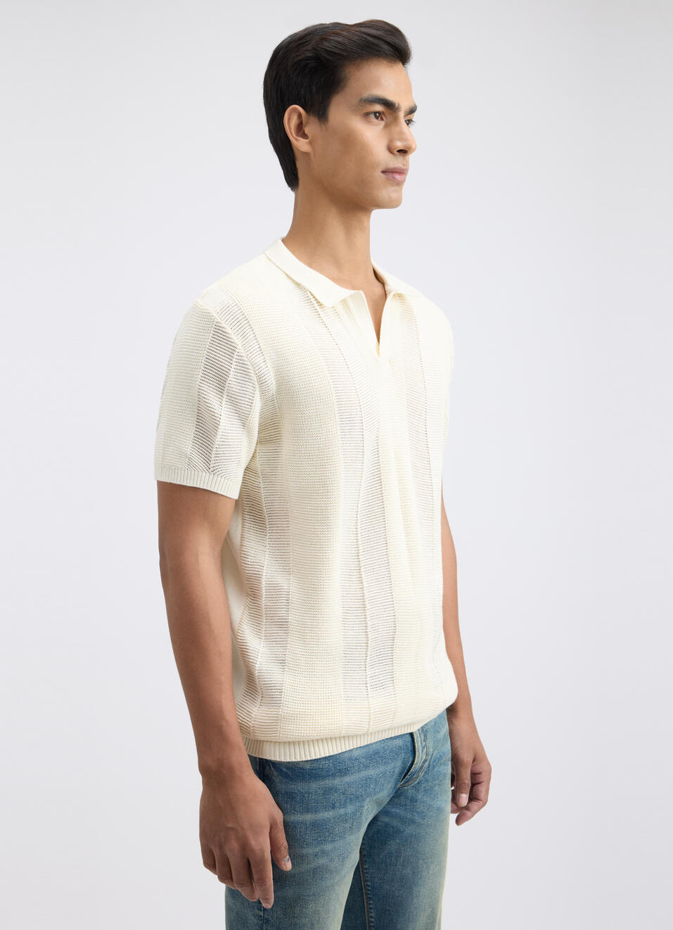 Men Ecru Johnny Collar Short Sleeve Flat Knit Polo, , large image number 3