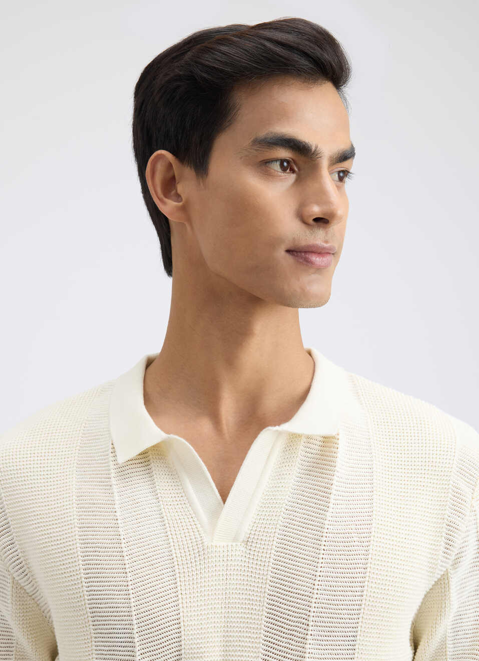 Men Ecru Johnny Collar Short Sleeve Flat Knit Polo, , large image number 4