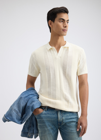 Men Ecru Johnny Collar Short Sleeve Flat Knit Polo
