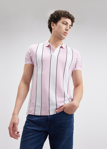 Men Pink Vertical Stripe Short Sleeve Polo