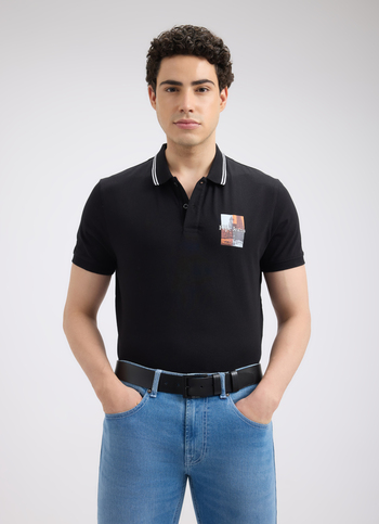 Men Black Photographic Print Short Sleeve Stretch Polo