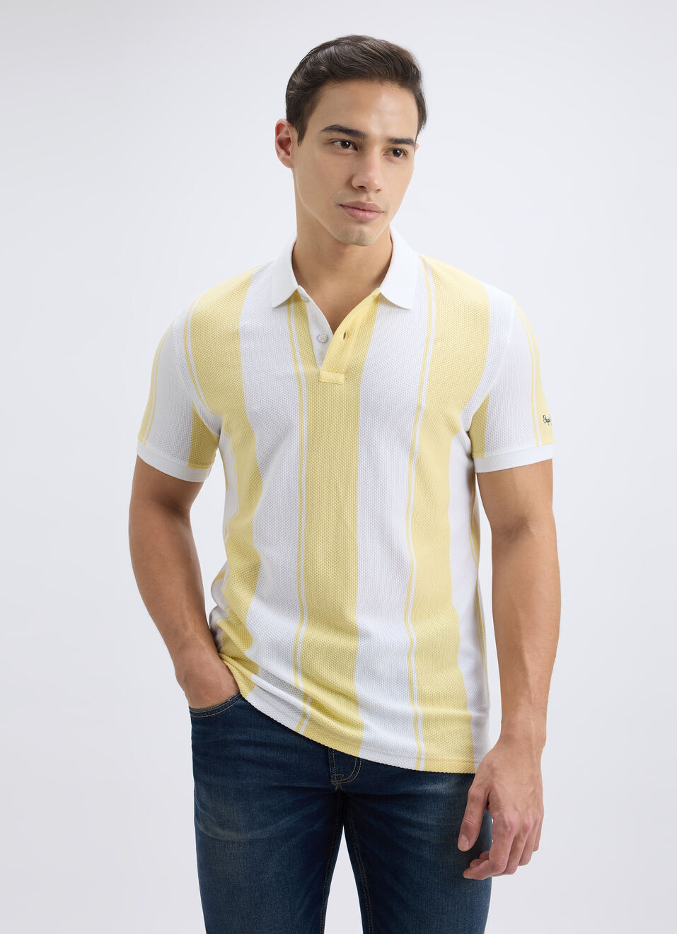 Men Yellow Vertical Stripe Short Sleeve Polo, , large image number 1