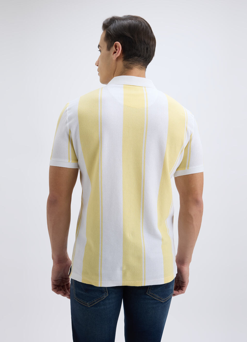 Men Yellow Vertical Stripe Short Sleeve Polo, , large image number 2