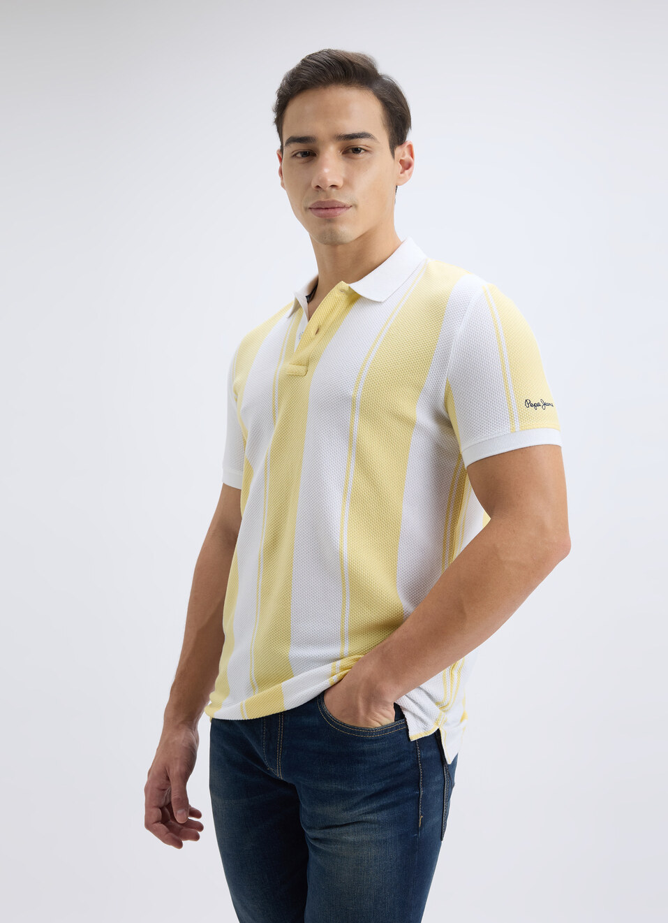 Men Yellow Vertical Stripe Short Sleeve Polo, , large image number 3