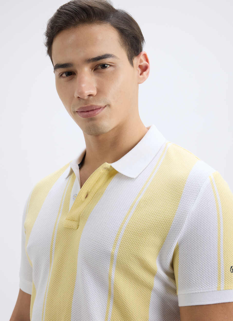 Men Yellow Vertical Stripe Short Sleeve Polo, , large image number 4