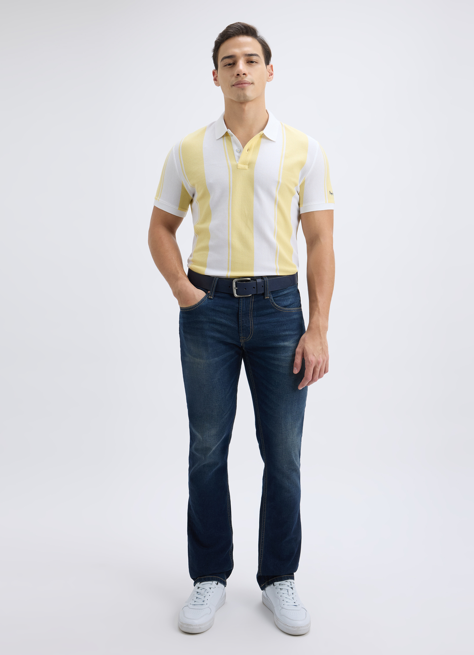 Men Yellow Vertical Stripe Short Sleeve Polo, , large image number 5