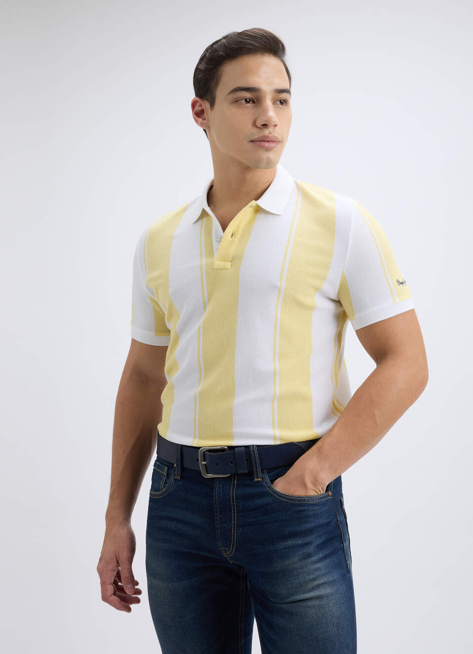 Men Yellow Vertical Stripe Short Sleeve Polo, , large image number 0