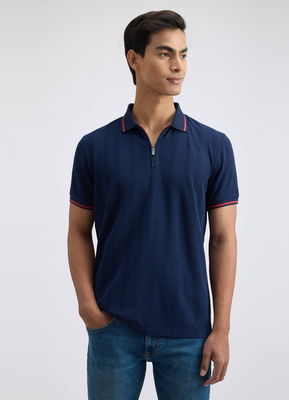 Men Navy Short Sleeve Zipper Polo, , large image number 1