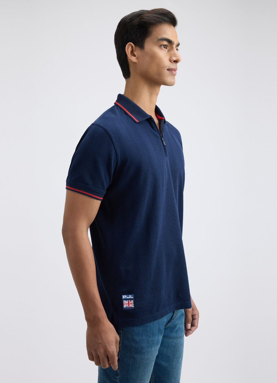 Men Navy Short Sleeve Zipper Polo, , large image number 2