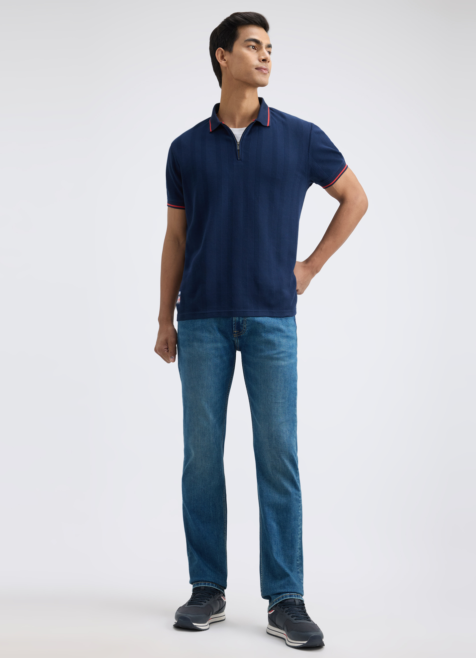 Men Navy Short Sleeve Zipper Polo, , large image number 5