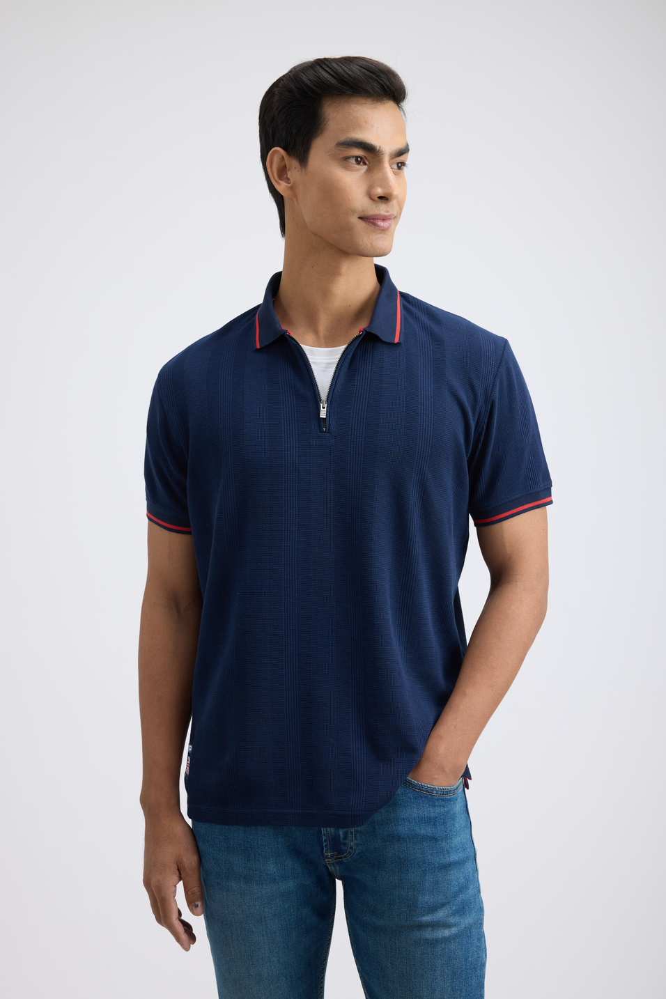 Men Navy Short Sleeve Zipper Polo, , large image number 0