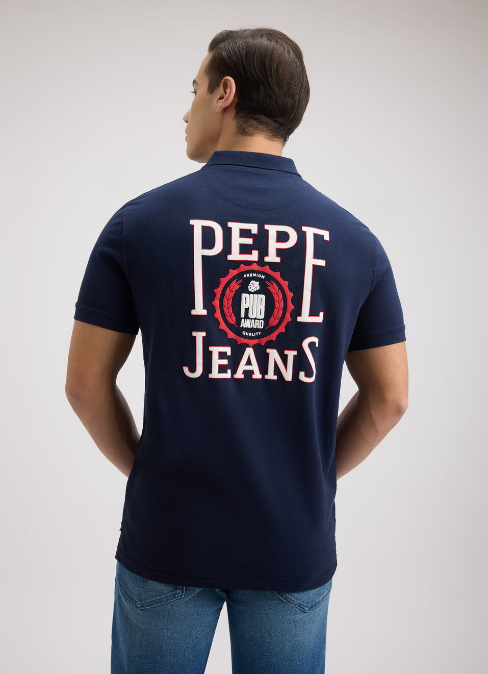 Men Navy Back Print Short Sleeve Polo, , large image number 2