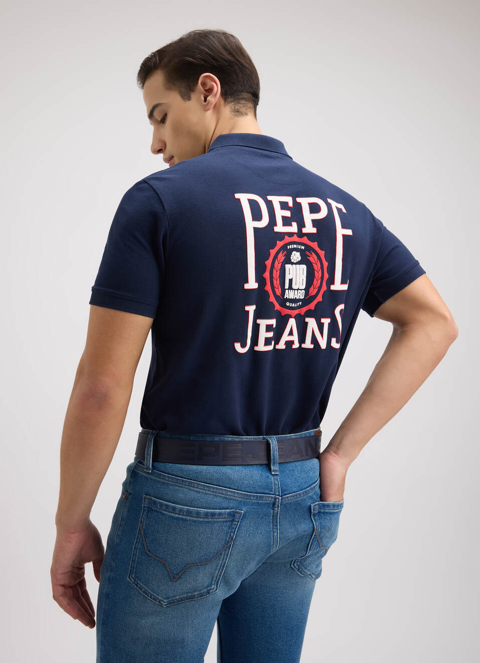 Men Navy Back Print Short Sleeve Polo, , large image number 0