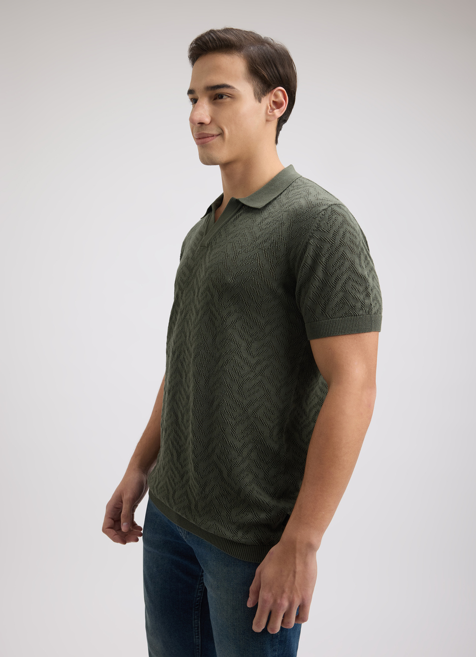Men Green Short Sleeve Jacquard Flat Knit Polo, , large image number 3