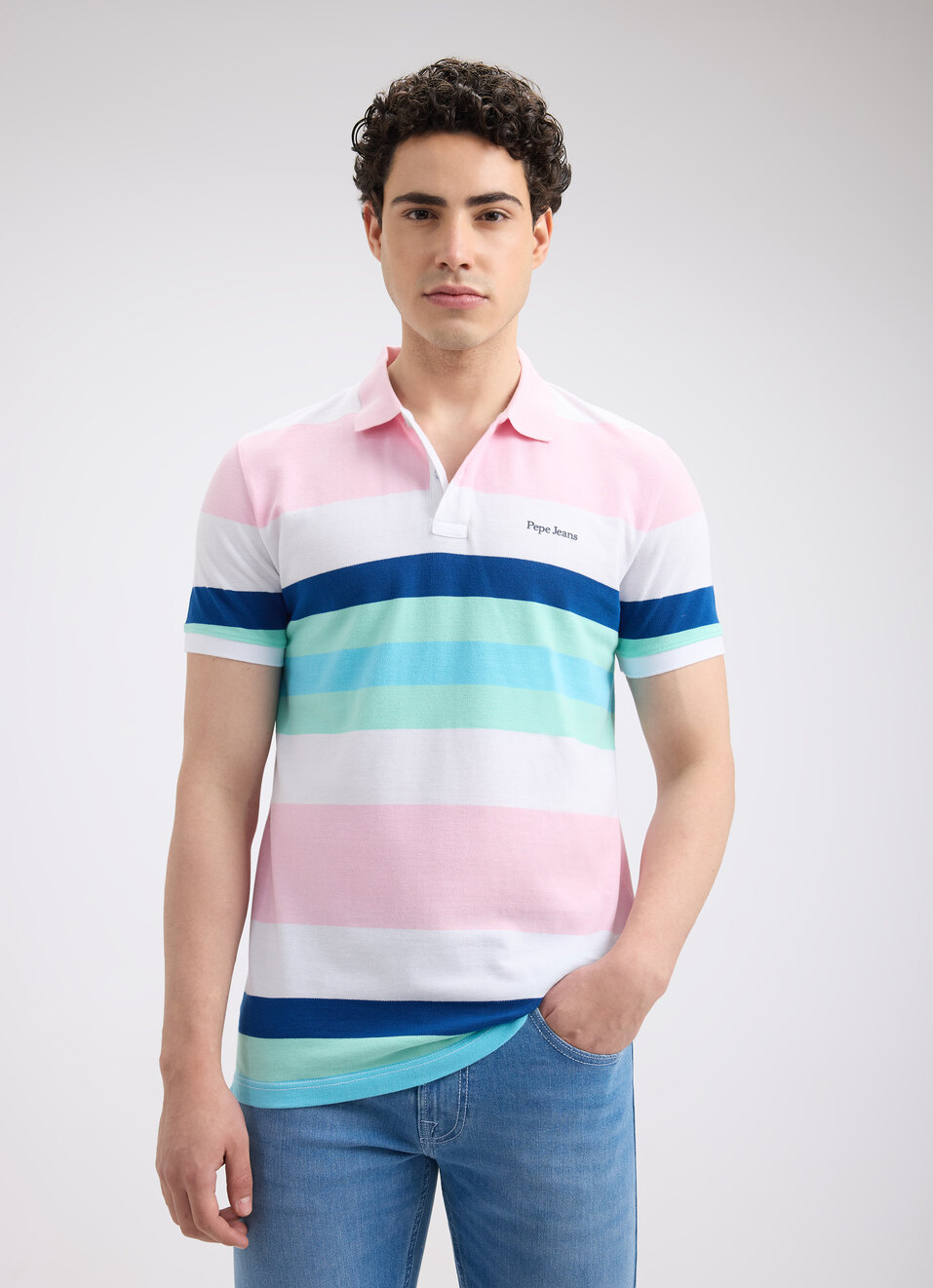 Men Pink Stripe Short Sleeve Polo, , large image number 1