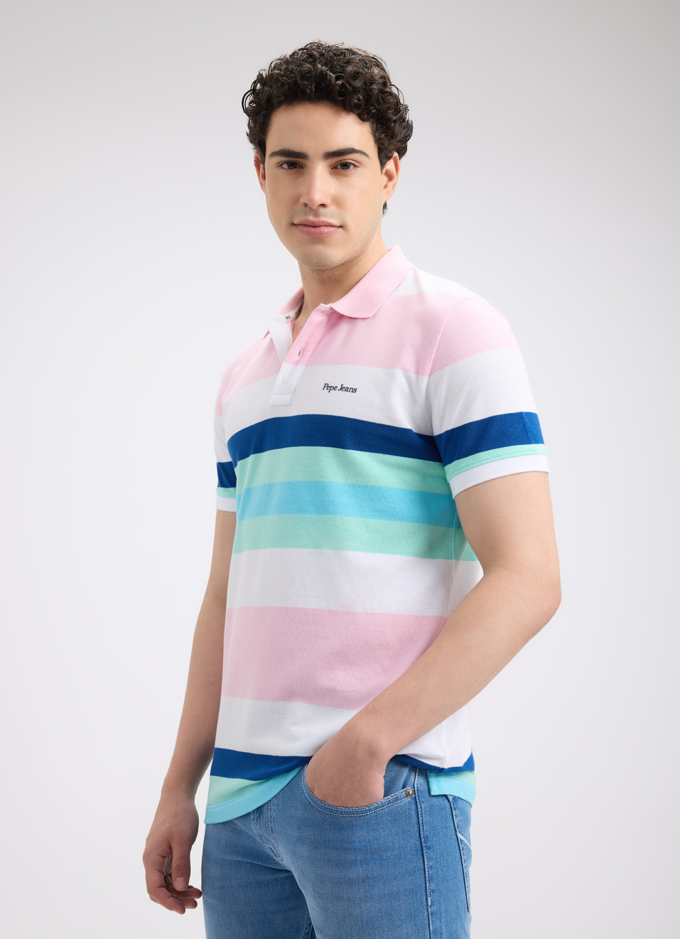 Men Pink Stripe Short Sleeve Polo, , large image number 3