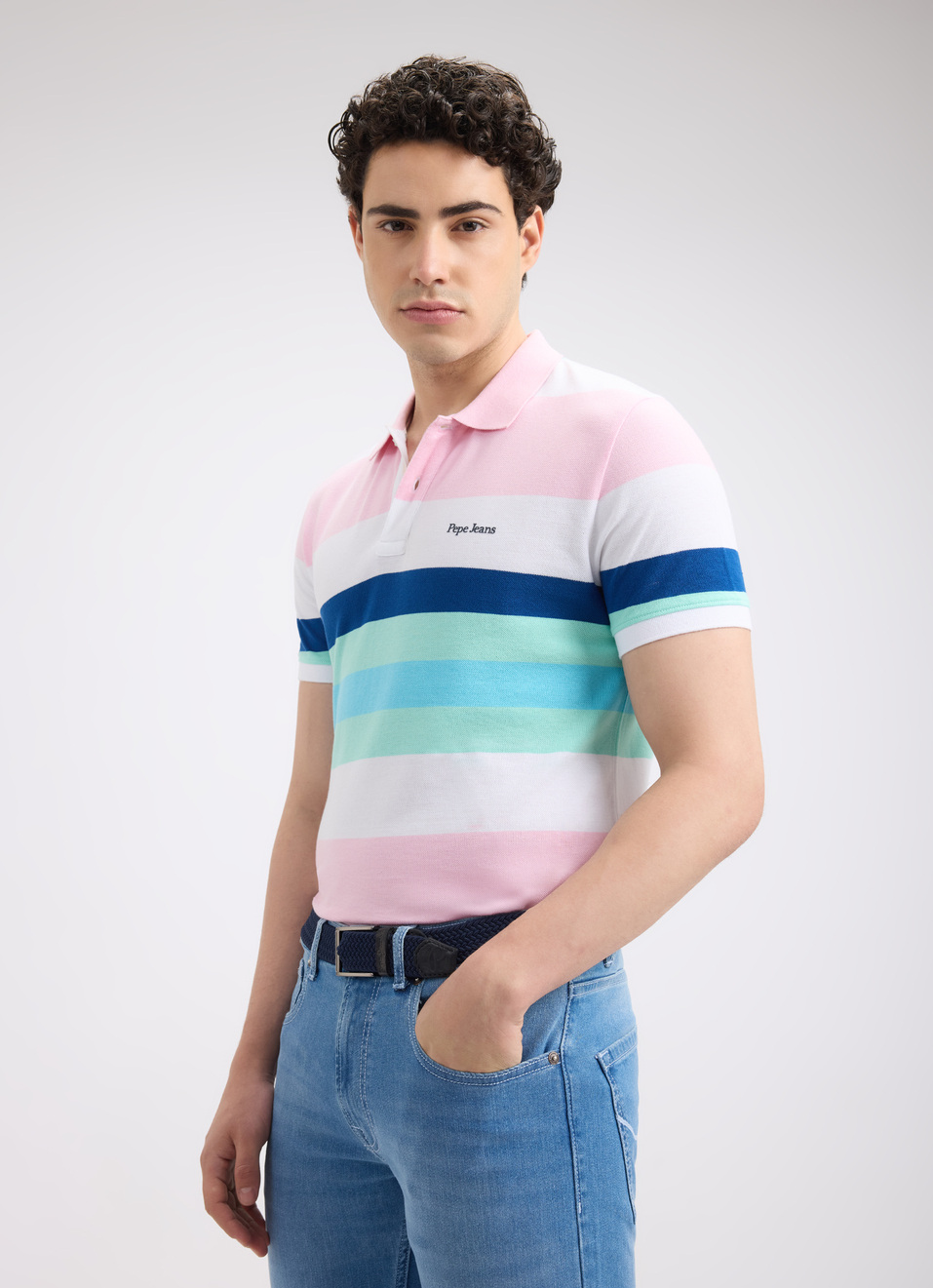 Men Pink Stripe Short Sleeve Polo, , large image number 0