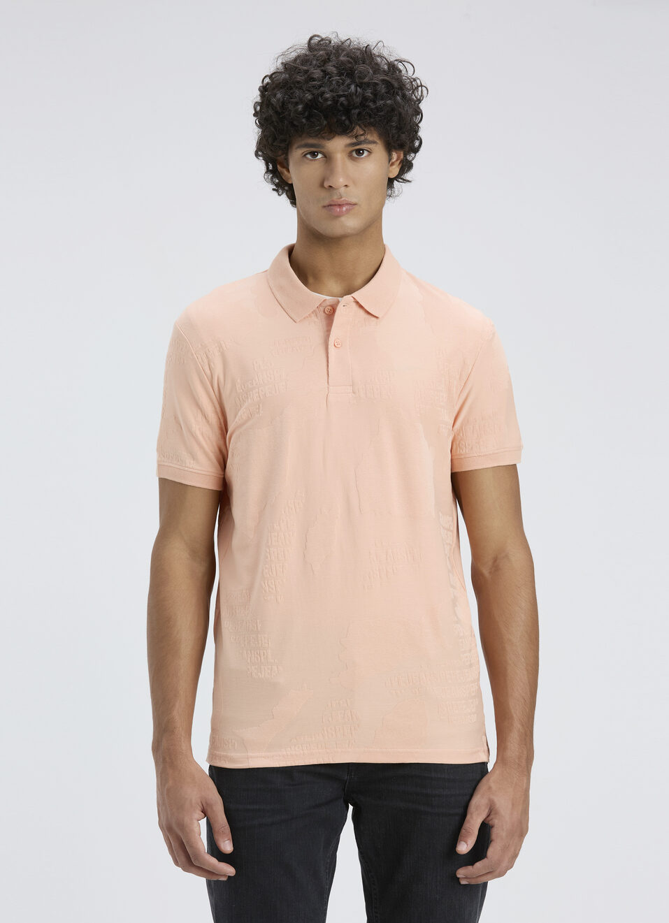 Men Light Orange Typographic Print Short Sleeve Polo, , large image number 1