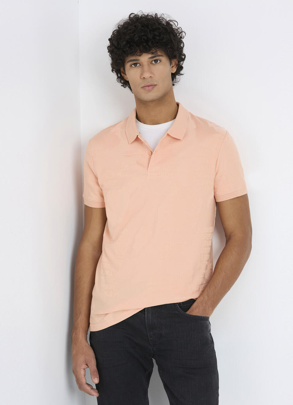 Men Light Orange Typographic Print Short Sleeve Polo, , large image number 0