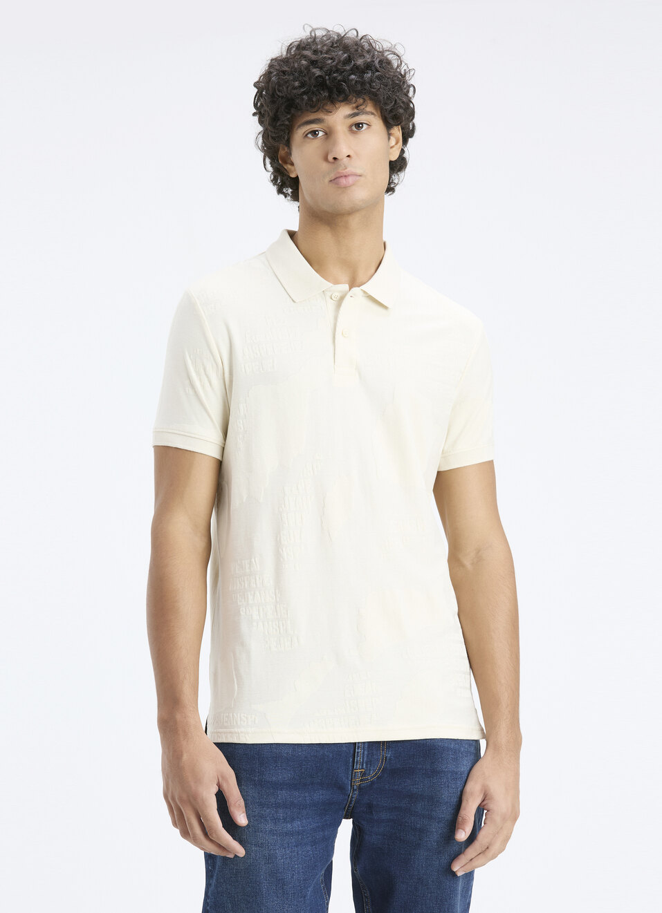 Men Ivory Typographic Print Short Sleeve Polo, , large image number 1