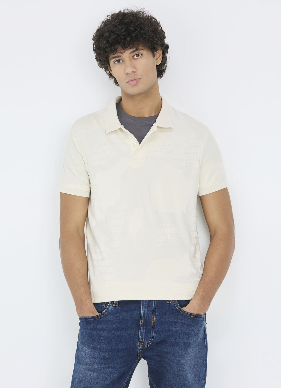 Men Ivory Typographic Print Short Sleeve Polo, , large image number 0