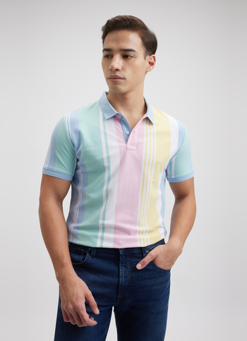 Men Blue Vertical Stripe Short Sleeve Polo