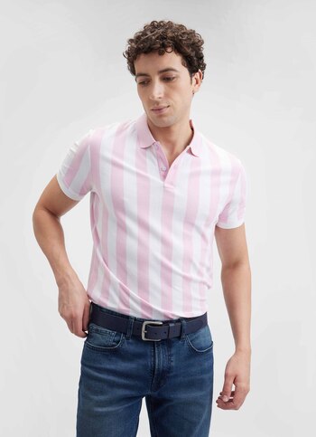 Men Pink Vertical Stripe Short Sleeve Polo
