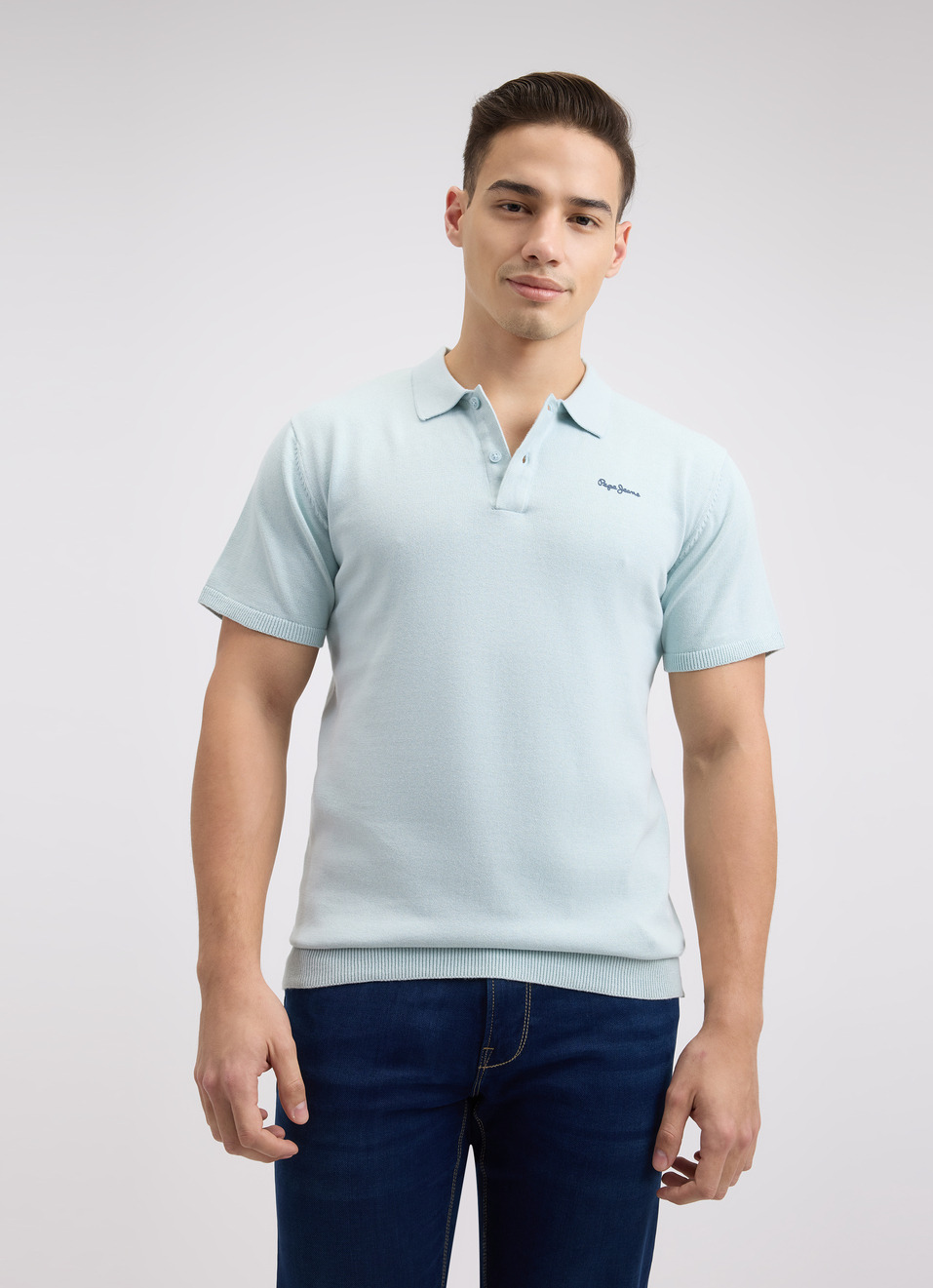 Men Blue  Short Sleeve Flat Knit Polo, , large image number 1