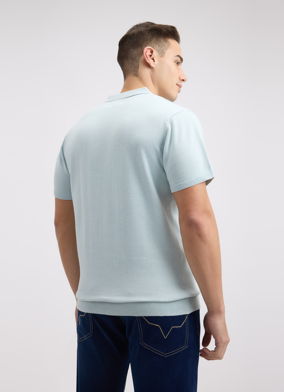 Men Blue  Short Sleeve Flat Knit Polo, , large image number 2