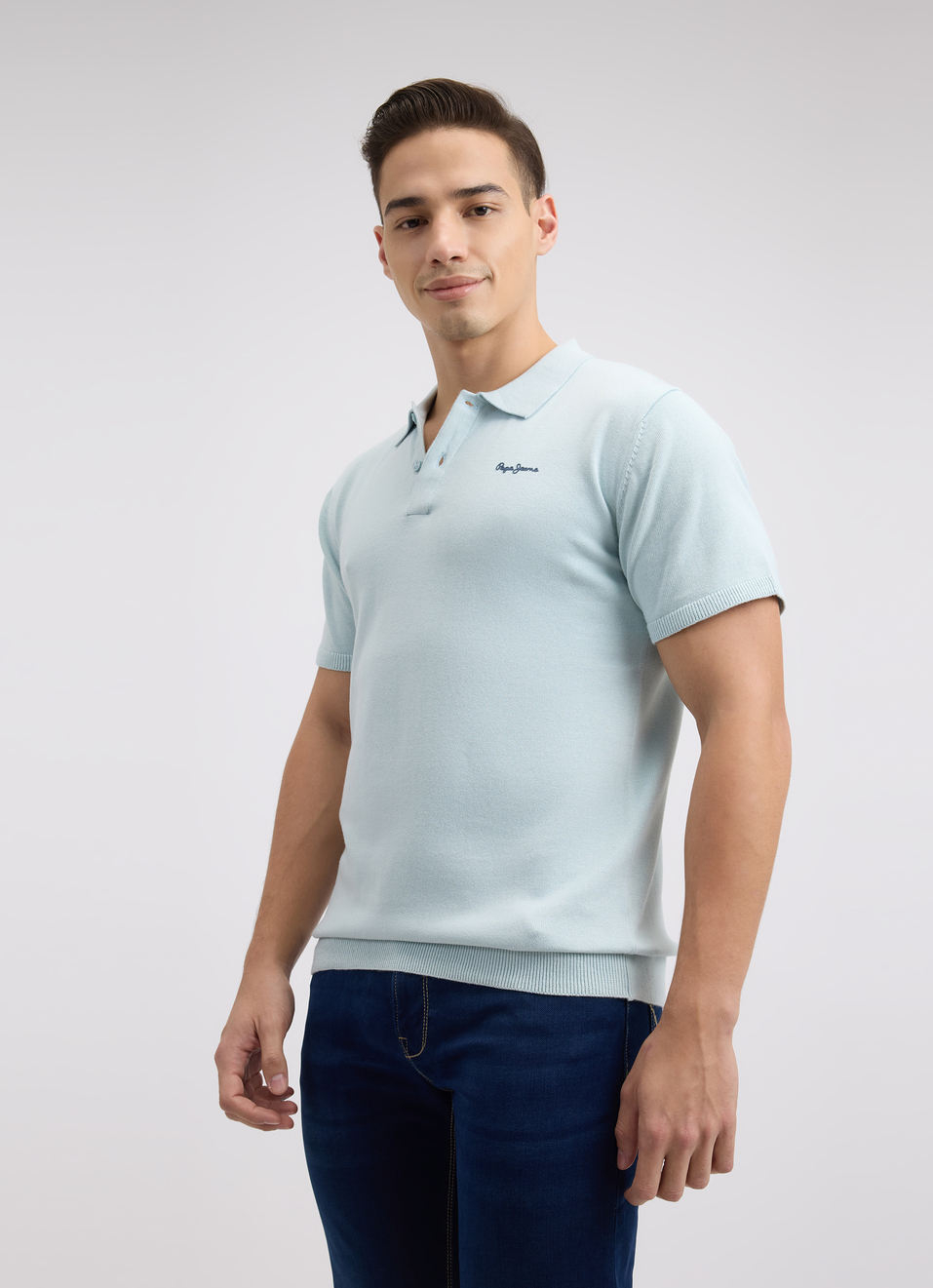 Men Blue  Short Sleeve Flat Knit Polo, , large image number 3