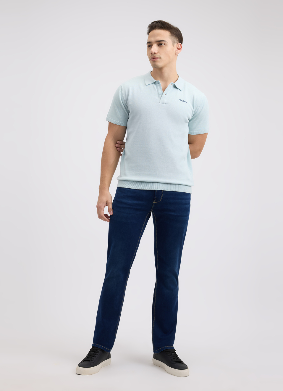 Men Blue  Short Sleeve Flat Knit Polo, , large image number 5