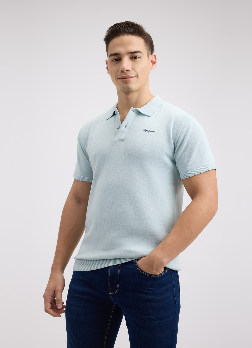 Men Blue  Short Sleeve Flat Knit Polo, , large image number 0
