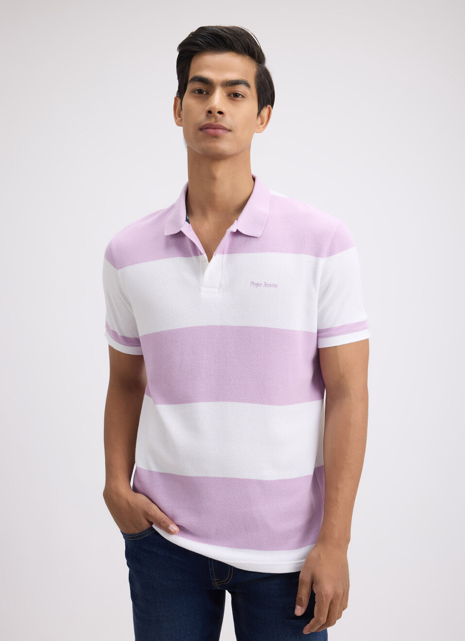 Men Purple Stripe Short Sleeve Polo, , large image number 1