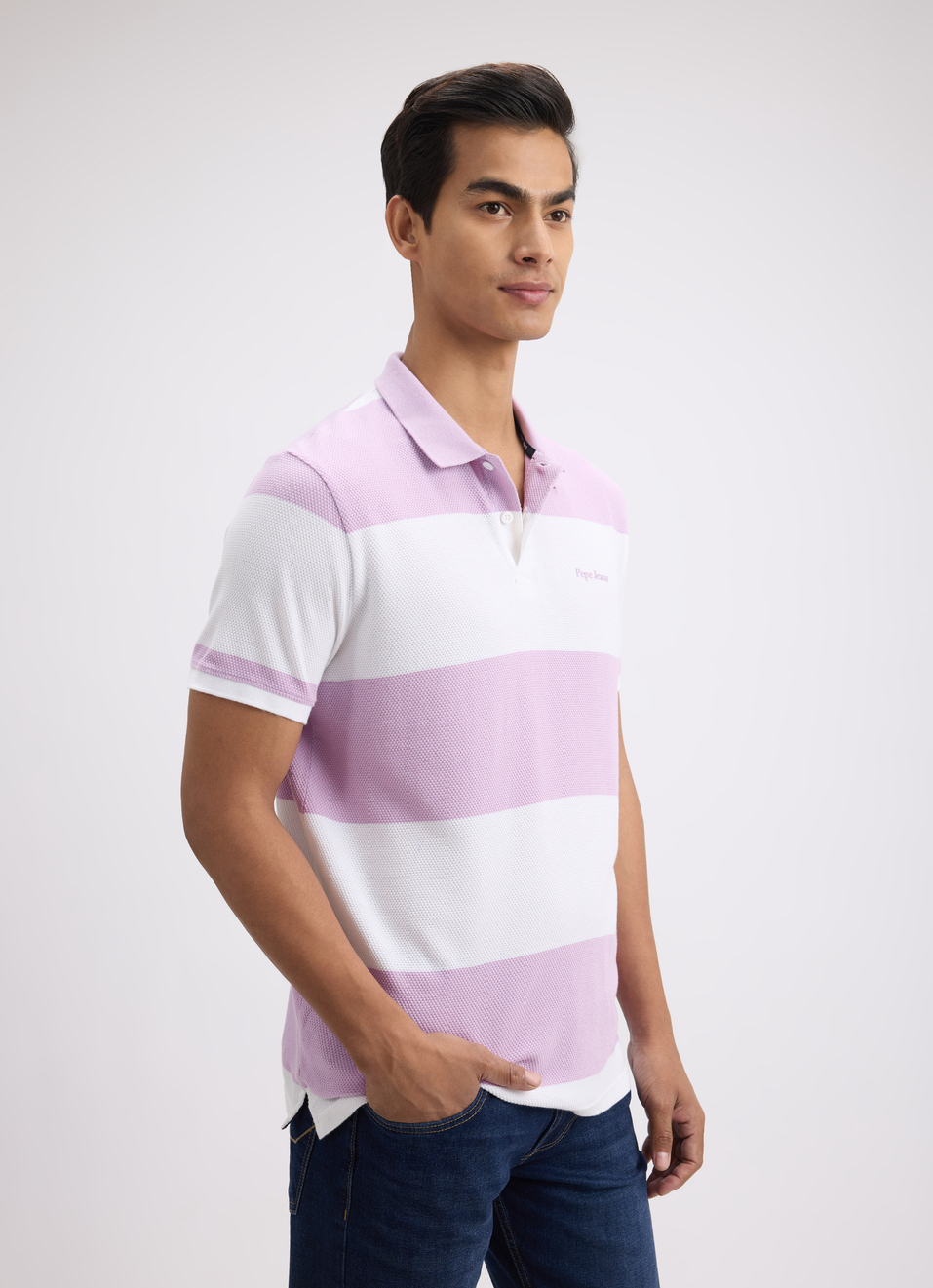 Men Purple Stripe Short Sleeve Polo, , large image number 3