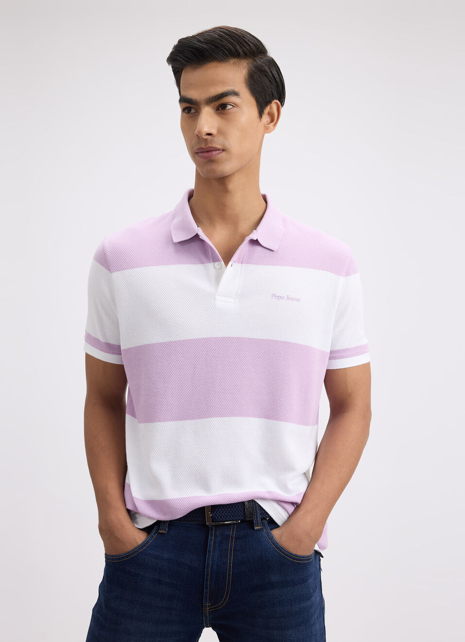 Men Purple Stripe Short Sleeve Polo, , large image number 0