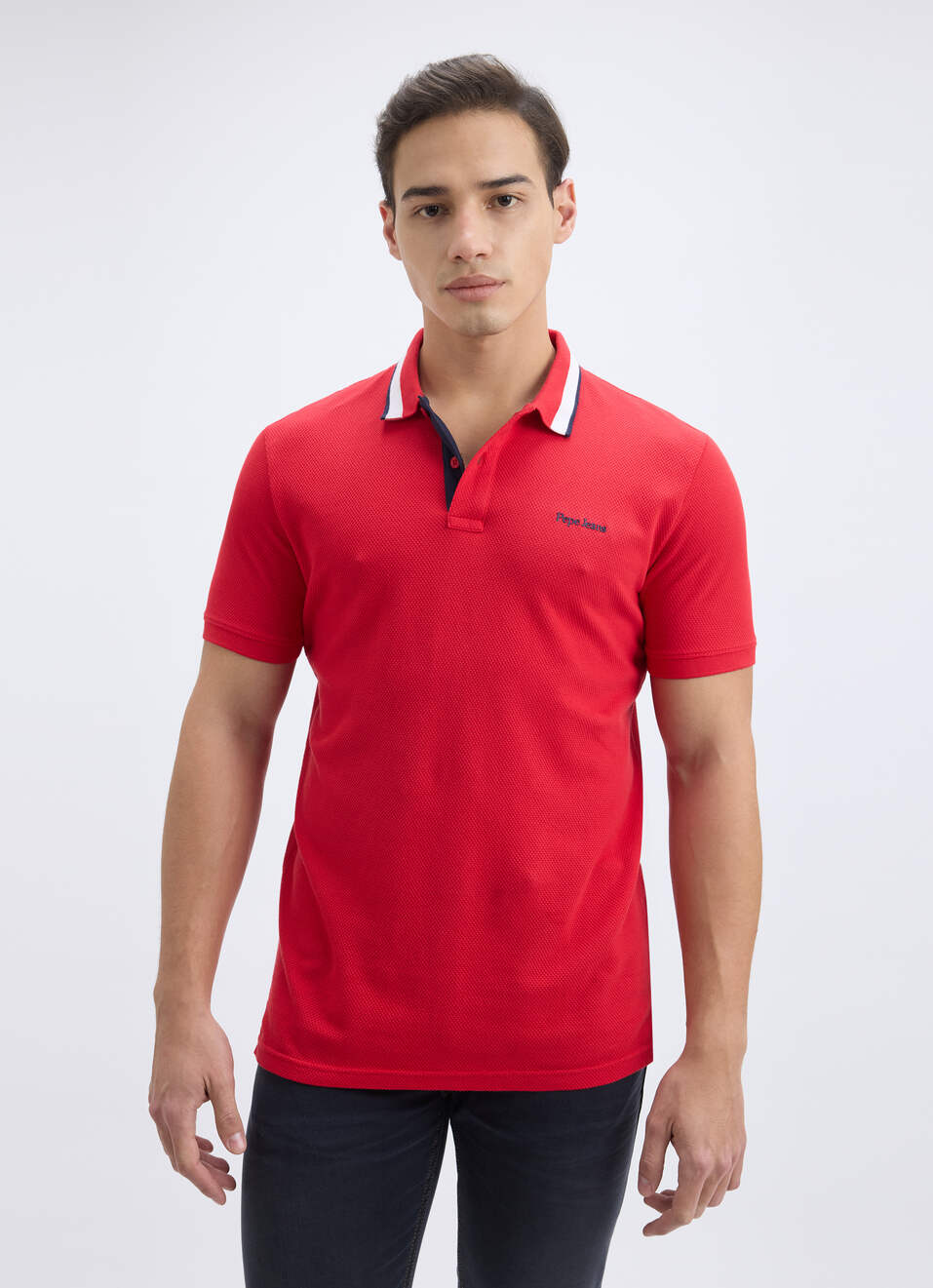 Men Red Branded Collar Short Sleeve Polo, , large image number 1