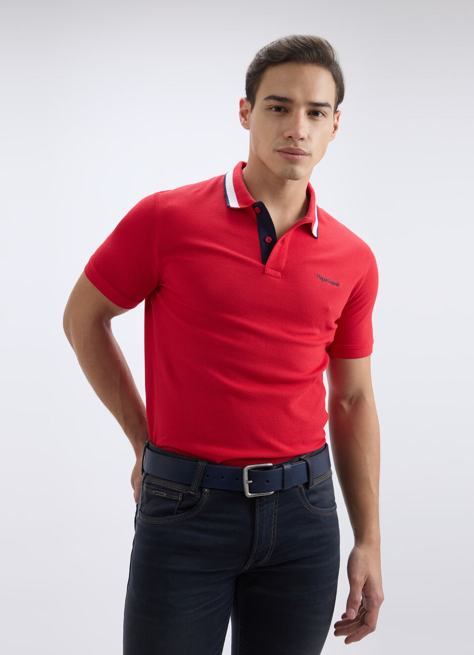 Men Red Branded Collar Short Sleeve Polo, , large image number 0