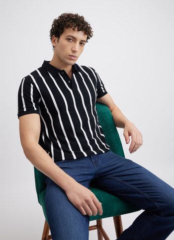 Men Black Vertical Stripe Short Sleeve Polo