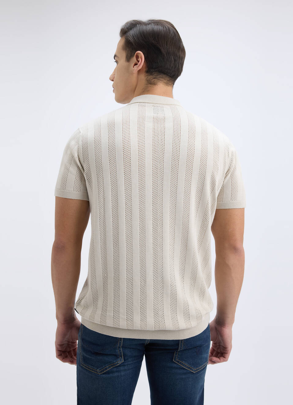 Men Grey Self Design Short Sleeve Zippered Flat Knit Polo, , large image number 2