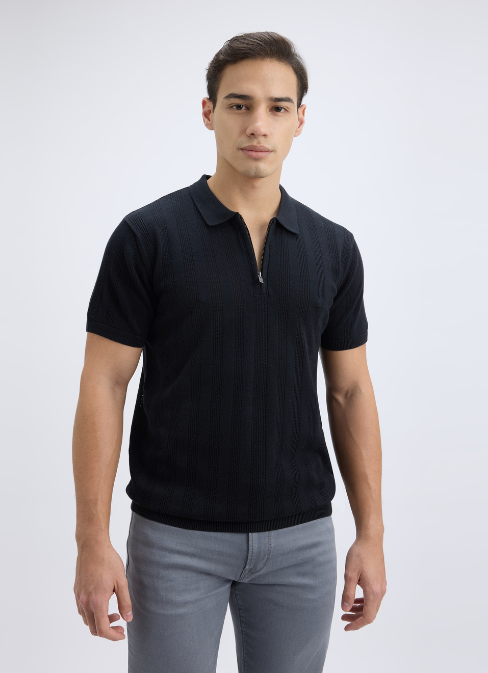 Men Black Self Design Short Sleeve Zippered Flat Knit Polo, , large image number 1