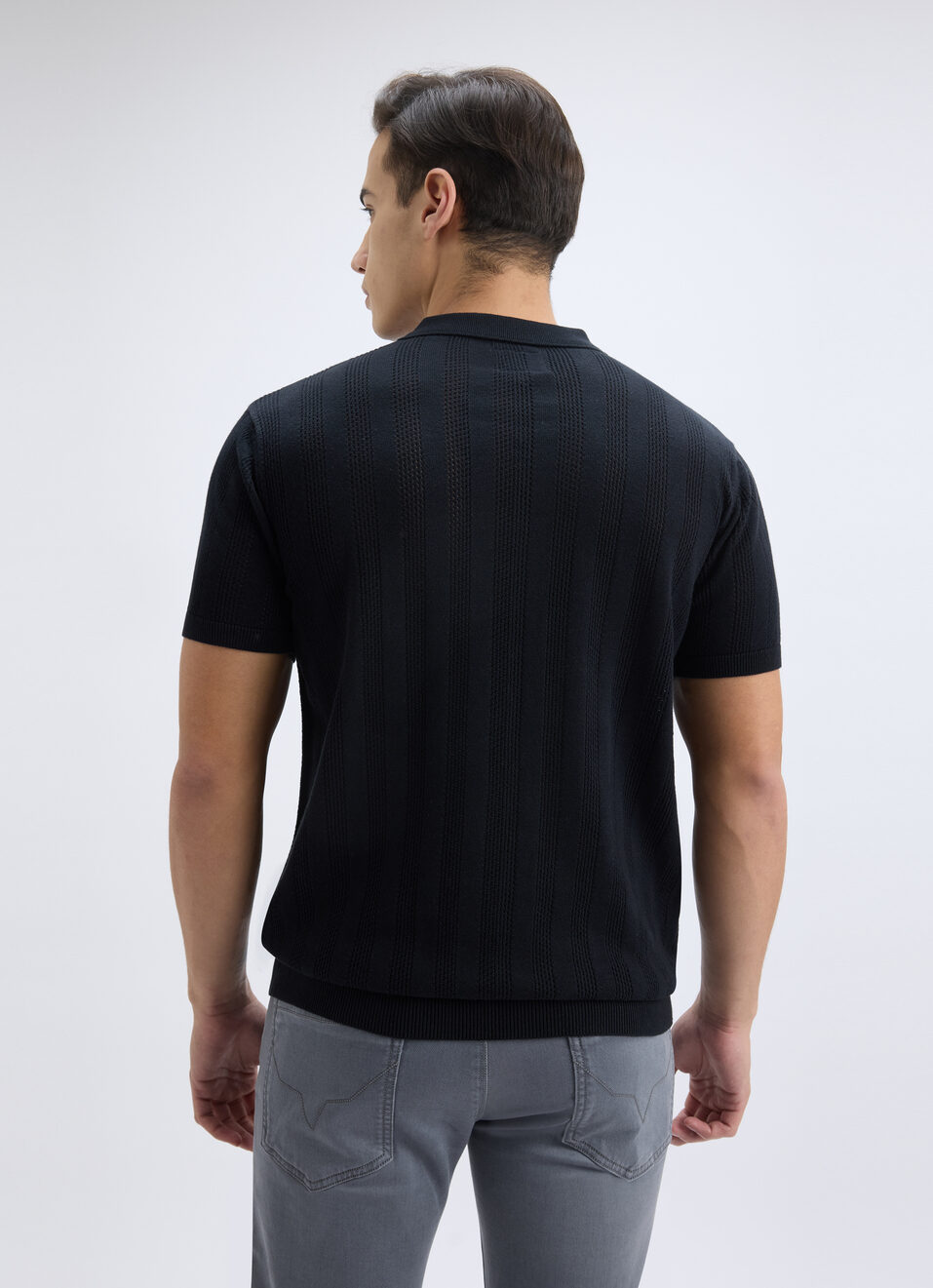Men Black Self Design Short Sleeve Zippered Flat Knit Polo, , large image number 2