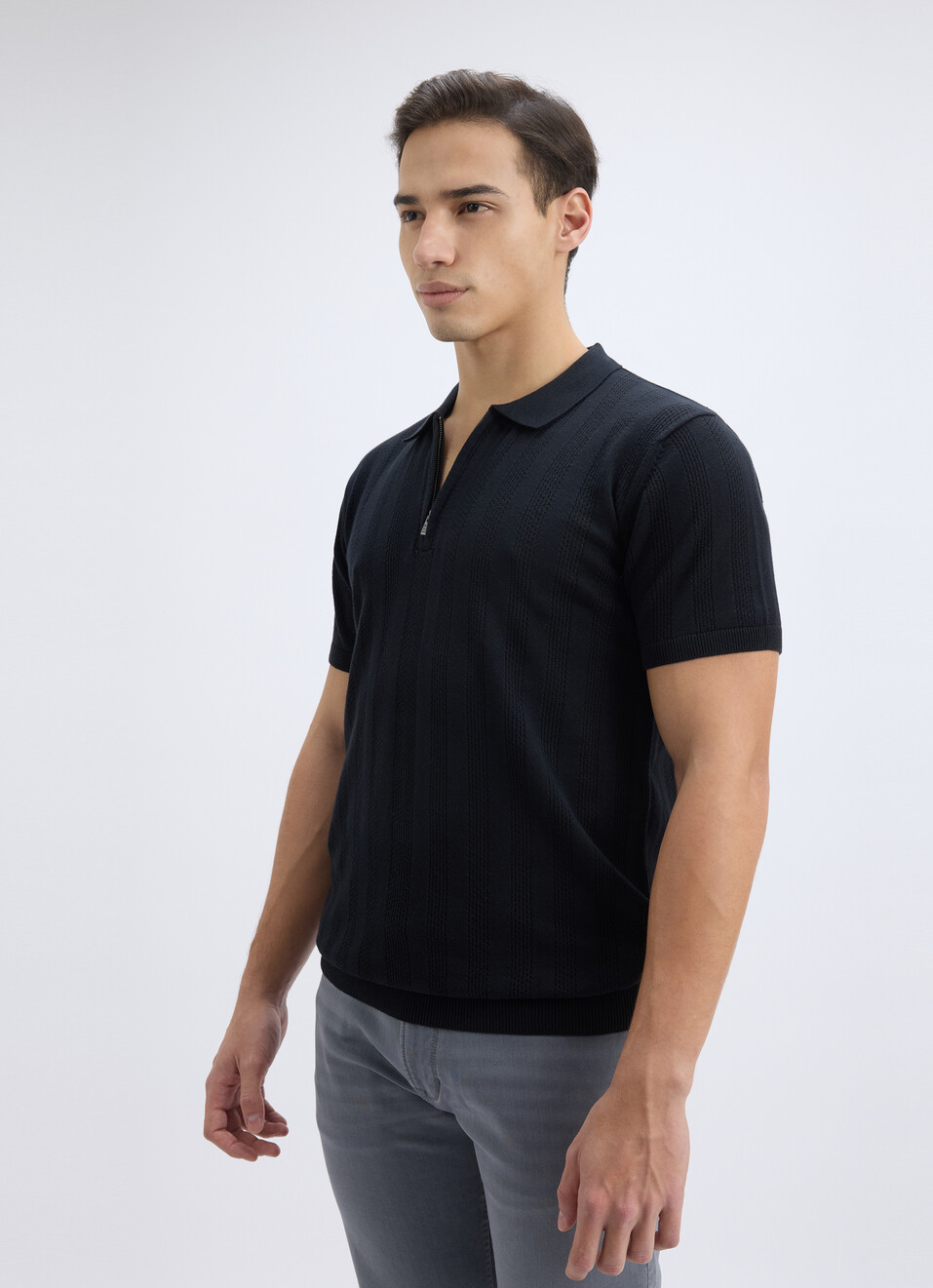 Men Black Self Design Short Sleeve Zippered Flat Knit Polo, , large image number 3