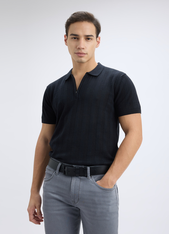 Men Black Self Design Short Sleeve Zippered Flat Knit Polo