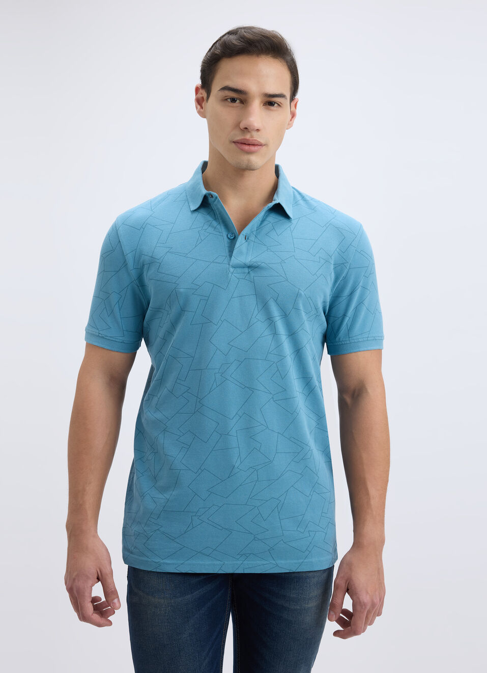 Men Blue Geometric Print Short Sleeve Stretch Polo, , large image number 1