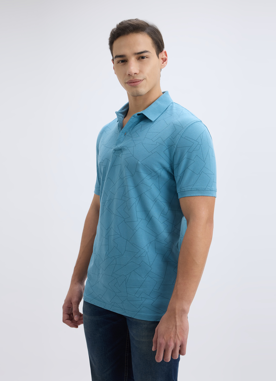 Men Blue Geometric Print Short Sleeve Stretch Polo, , large image number 3