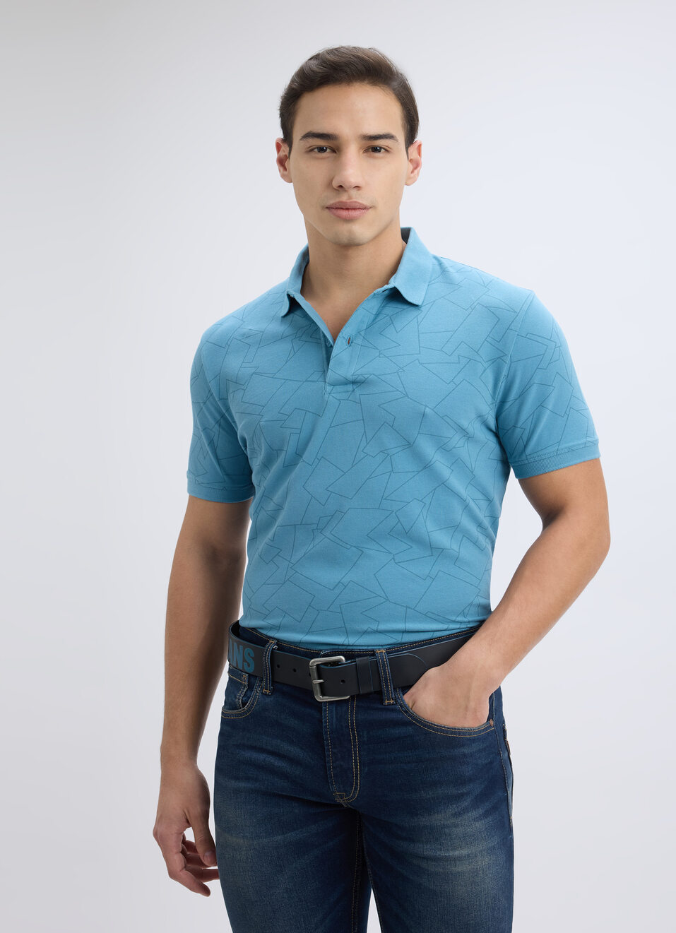 Men Blue Geometric Print Short Sleeve Stretch Polo, , large image number 0