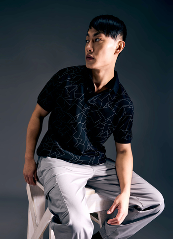 Men Black Geometric Print Short Sleeve Stretch Polo