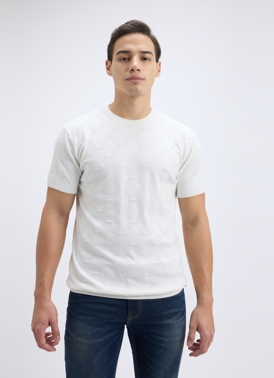 Men White Structured Short Sleeve Flat Knit, , large image number 1