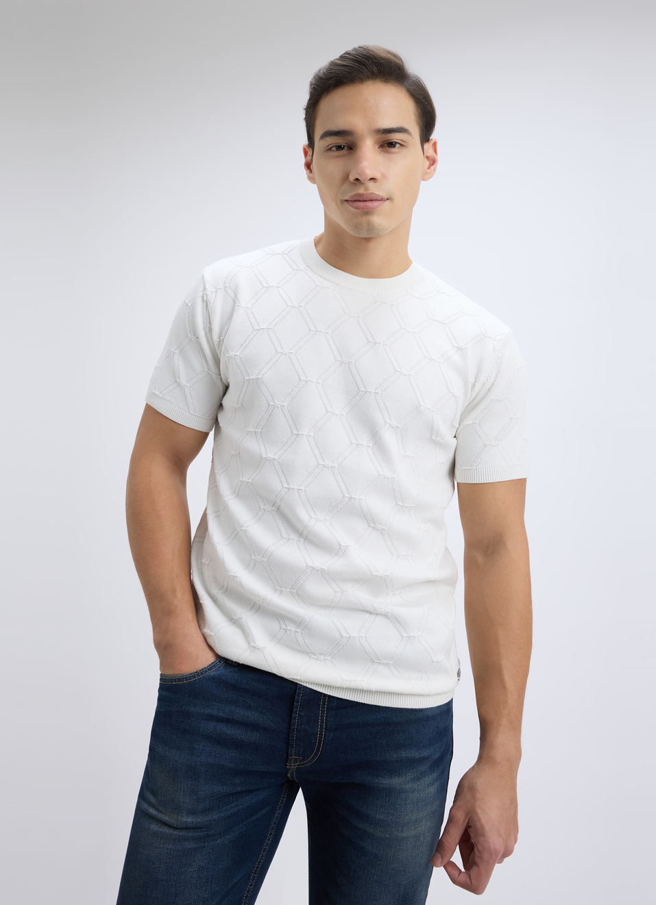 Men White Structured Short Sleeve Flat Knit, , large image number 0
