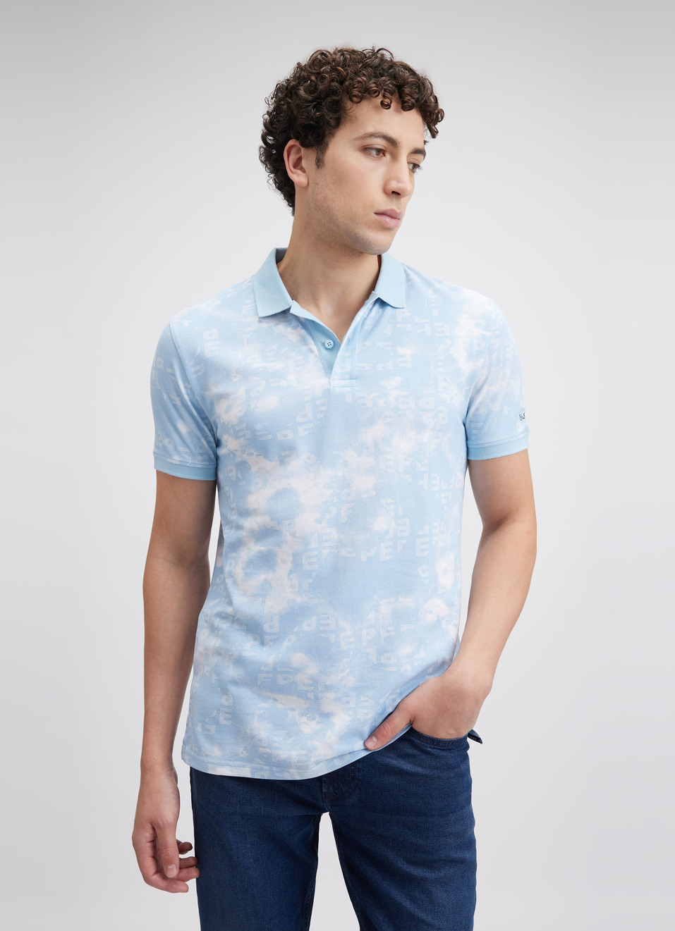 Men Blue Typographic Print Short Sleeve Polo, , large image number 1